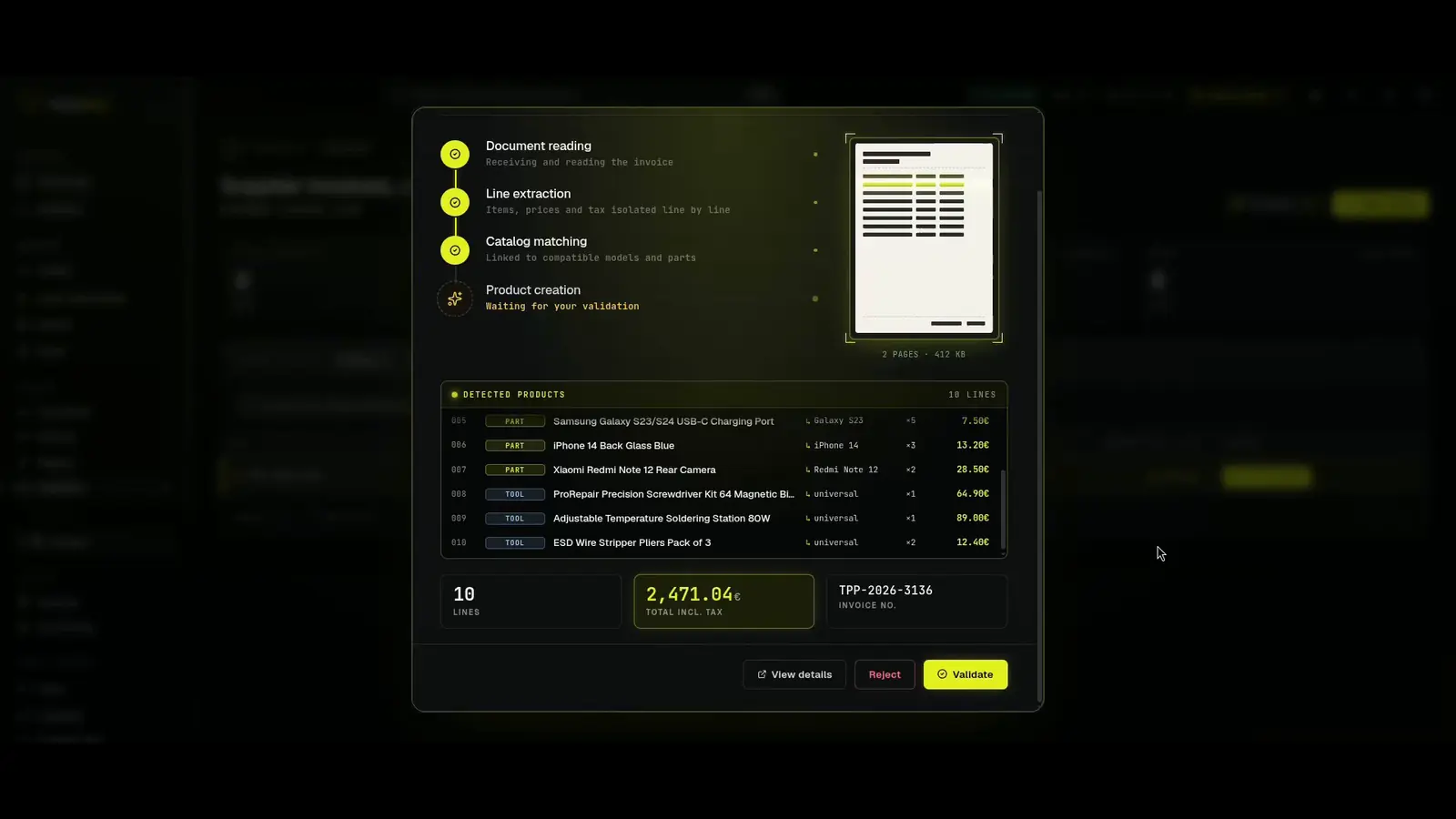 RepairMind analysing a supplier invoice: automatic extraction of parts, prices and compatibilities