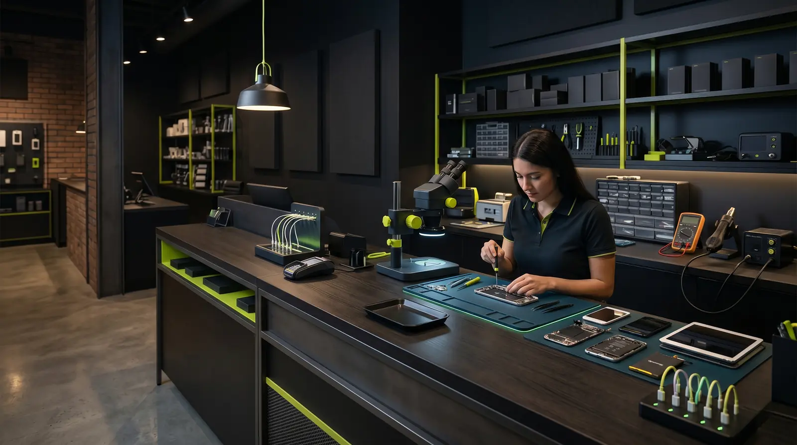 Independent repairer at the workshop counter, between devices awaiting repair and daily management